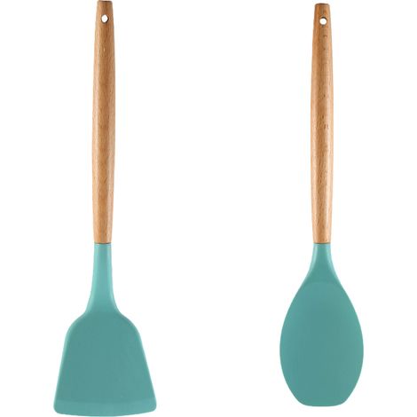 Ensemble d'ustensiles de cuisine en silicone antiadhésif avec manche en bois, pour ustensiles de cuisine antiadhésifs. (1/5)
