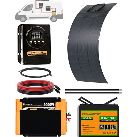 ECO-WORTHY 1280WH Solarpanel Camping Set, Komplettpaket mit 100Ah LiFePO4Batterie, 200W flexibles Solarpanel, 20A MPPT Laderegler und 2000W Wechselrichter, für Wohnmobile, Van Life und Camping (1/5)