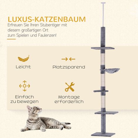 Arbre à chat multi-niveaux extensible plafond (230-260 cm), poteaux sisal et plateformes, pour tous chats, gris. (1/4)