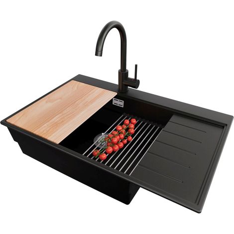 PRIMAGRAN Evier Cuisine en Granit 78x50cm,Lavabo 1 bac + Robinet 32x20cm + Kit de Vidage + Accessoires, Évier à Encastrer au meuble 60cm - Sydney, Noir