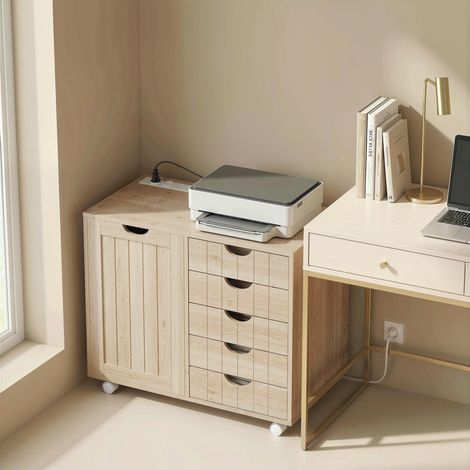 Mueble para Impresora con Estación de Carga y Ruedas 5 Cajones Puertos USB Estante Ajustable Natural