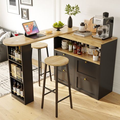 Ensemble îlot cuisine avec 2 tabourets bar noirs imitation bois tiroirs rails latéraux charge 150kg 138x204x39x105 (1/5)