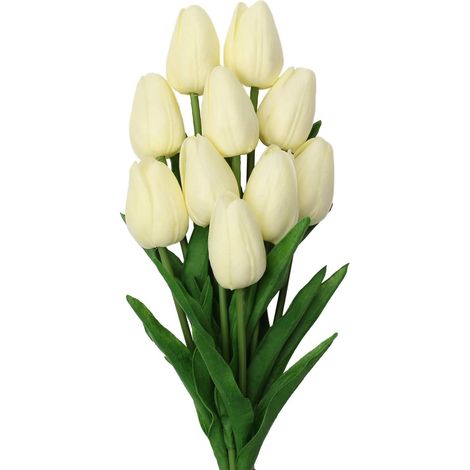 Lot de 10 tulipes artificielles effet réaliste, composition florale pour centre de table de mariage ou décoration intérieure - Fleurs artificielles couleur crème (1/5)