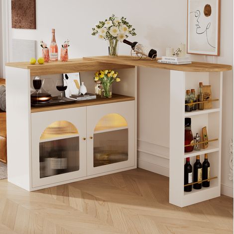 Mesa de bar extensible 138-193x39x105 cm blanca en MDF con estante triple y luz LED (1/5)