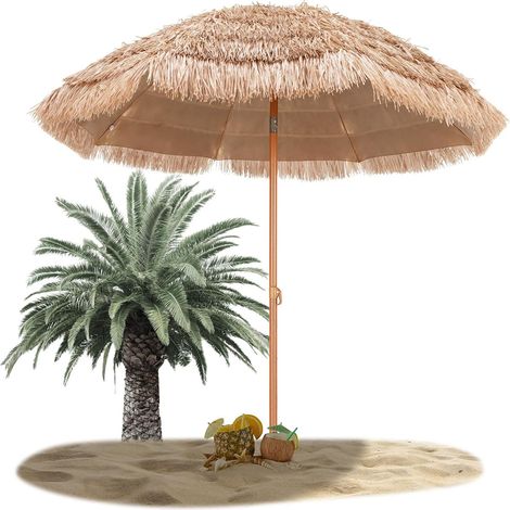 Parasol Plage Tropicale Φ220 CM Parasol Exotique Paille Hawaïen 8 Baleines Parasol de Jardin Extérieur Inclinable pour Balcon Patio Balcon