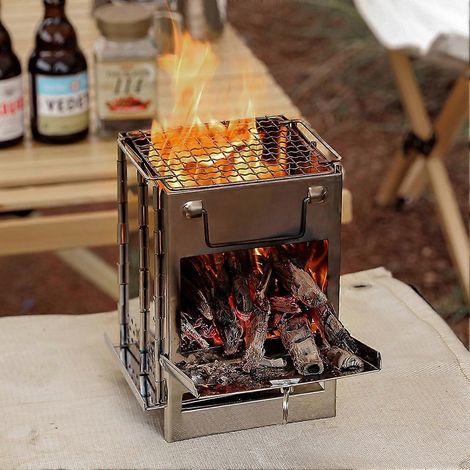 Mini réchaud à bois d'extérieur portable pour le camping, les pique-niques et les voyages, en acier inoxydable, pliable, avec spatule pour barbecue au charbon de bois (1/5)