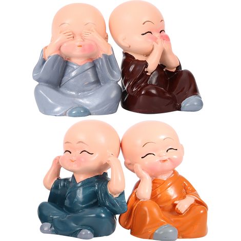 Quatre adorables petites statuettes de moines en résine, objets décoratifs pour la maison et le bureau, loisirs créatifs et cadeaux.