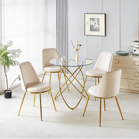 Ensemble salle à manger 5 pièces, table ronde en verre 80 cm et 4 chaises, crème HAVRYA (1/5)