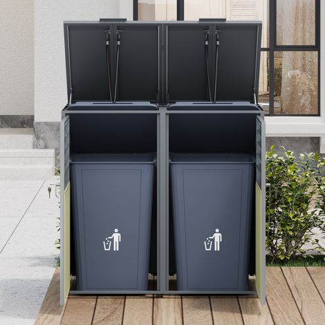 Boîte de stockage extérieure pour conteneurs à déchets, couvercle articulé, aération à lamelles, fermeture sécurisée, double porte. (1/5)