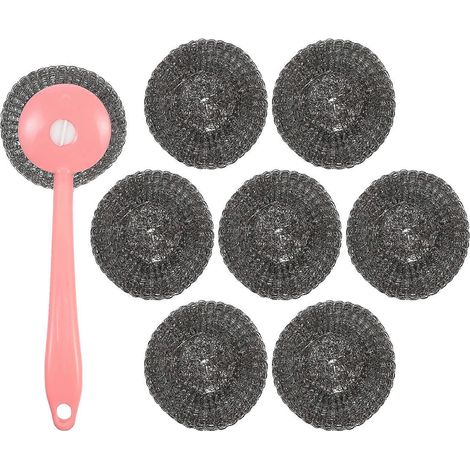 8-teiliges Set Topfbürsten mit Griff, Stahl-Scheuerbürsten, Geschirrspülbürsten, Küchenreinigungswerkzeug-24.5X8.5CM-Pink (1/3)