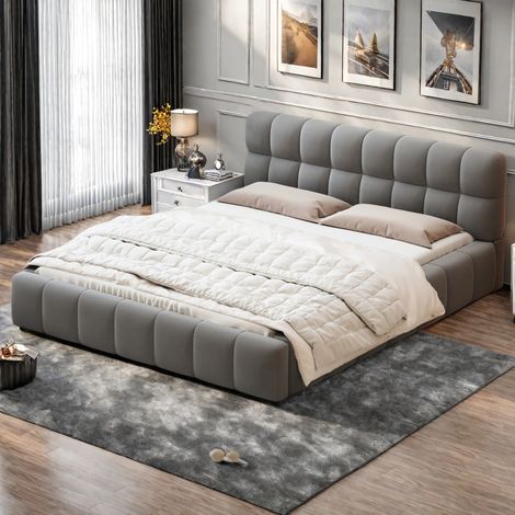 Letto imbottito moderno, letto matrimoniale con schienale morbido, letto piano con bordo imbottito, con rete a doghe, tessuto di lino beige/grigio, senza materasso (1/5)