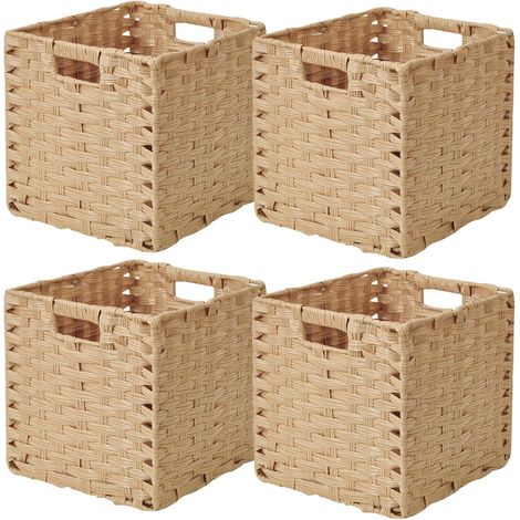 Lot de 4 paniers pliables tressés en imitation rotin - 28 x 28 x 28 cm - Pour garde-manger, armoire, panier d'étagère cubique - Imperméables - Ne moisissent pas - Couleur naturelle (1/5)