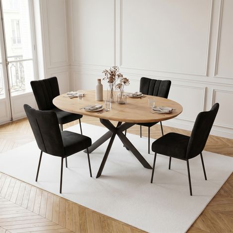 Ensemble de table à manger ronde extensible, plateau rond en MDF finition chêne (110-150 cm), style moderne et contemporain pour la salle à manger et la cuisine (4 chaises, velours, Noir)