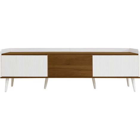 White & Wood TV Stand with 3 Doors - 160cm Media Unit, Compact 39cm Depth, Modern Entertainment Cabinet for Living Room (1/5)
