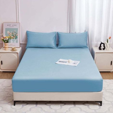 Drap Housse,Alèse de matelas imperméable 80x200x30cm, sur-matelas respirant,Bleu Clair (1/4)