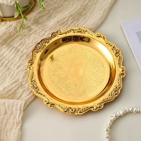 Platos de postre dorados, juego de 5 piezas de platos de metal tallados a mano de 10 cm, perfectos para bodas, bufés y otras ocasiones (1/4)