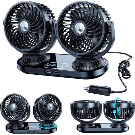Ventilateur Voiture Double Tête – 12V/24V – Allume-Cigare – SUV/Camping-Car – Puissant (1/5)