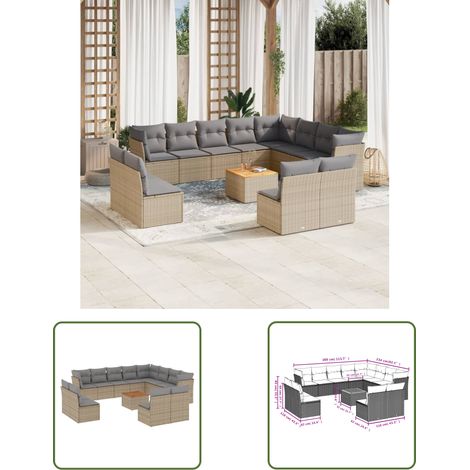The Living Store 13-tlg. Garten-Sofagarnitur mit Kissen Beige Poly Rattan - Gartensortiment - Outdoor Möbel - Gartenlounge - Lounge Set - Rattan Gartenmöbel