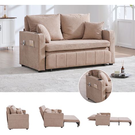 Multifunktionales Stoffsofa, ausziehbares Klappsofa, als Sofa oder Bett nutzbar, mit Aufbewahrungstaschen an den Armlehnen, mit USB-Ladefunktion und Getränkehaltern (khaki, Chenille)