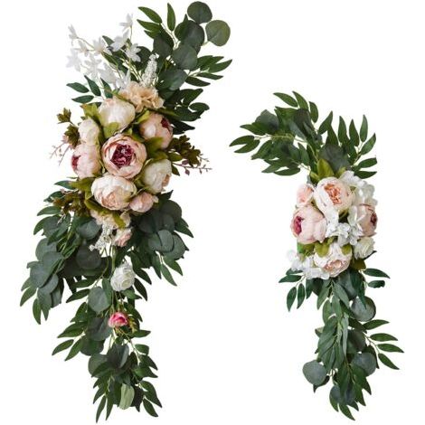 Kit de fleurs artificielles pour arche de mariage, lot de 2 tonnelles de pivoines blanches avec feuilles d'eucalyptus, décoration florale pour Cérémonie Fête Réception, Rose (1/5)
