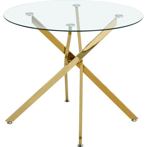Mesa de comedor redonda de cristal templado con patas metálicas doradas, 80 x 80 x 76 cm (1/5)