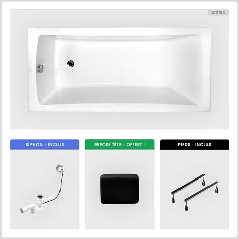 Baignoire rectangulaire - 140 x 70 cm - sans Habillage - avec Pieds - Repose-tête - Vidage Chrome - OPTIMA (1/5)