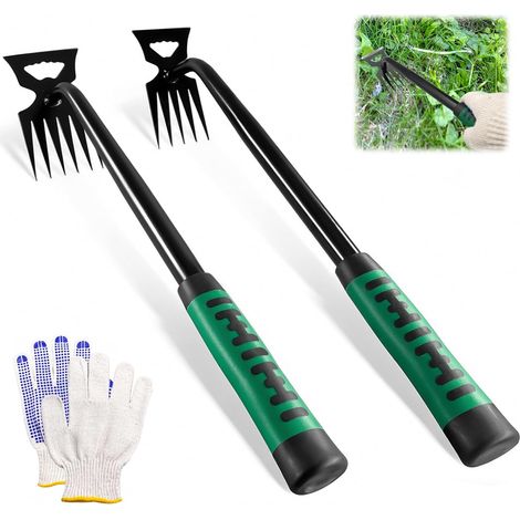 Weed Remover Tool 2 Pack 5 and 6 Teeth Weed Remover Stainless Steel Weed Extractor Manual Gardening Tool with Protective Gloves, Root Puller (2 Pcs) (1/5)