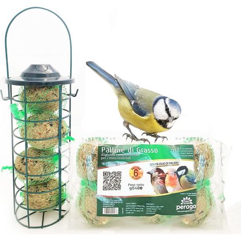 KIT PER UCCELLINI SELVATICI MANGIATOIA A CILINDRO + PALLINE DI GRASSO