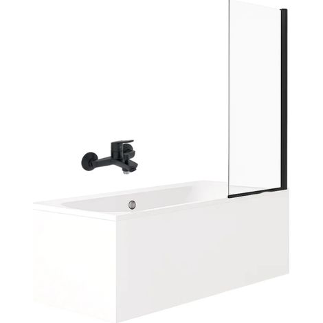 Pack baignoire droite 180 x 80 JACOB DELAFON Elise + tablier angle + mitigeur bain Aimé noir + pare bain noir + vidage