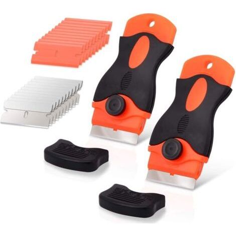 Set of 2 Ceramic Glass Scrapers with 10 Plastic Scrapers and 10 Metal Blades, Label Eraser, Orange (1/5)