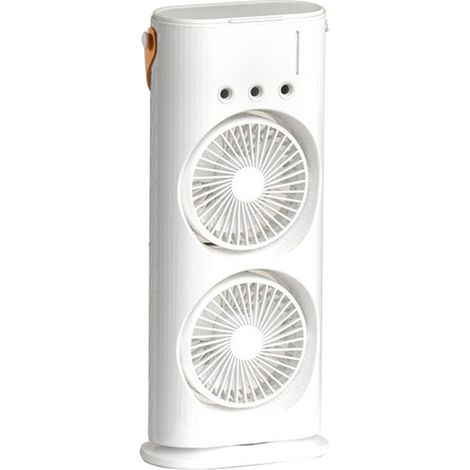 Ventilateur Tour Double Tête – Brumisateur + Humidificateur – Orientable 180°, Rotatif 90° – Rechargeable, 3 Vitesses – Lumière Ambiante Colorée, Poignée Transport – Maison, Bureau, Voyages, Camping (1/5)