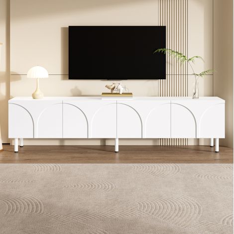 Meuble TV 180x35x49 cm blanc en MDF et panneau de particules avec 4 portes et pieds métalliques (1/5)