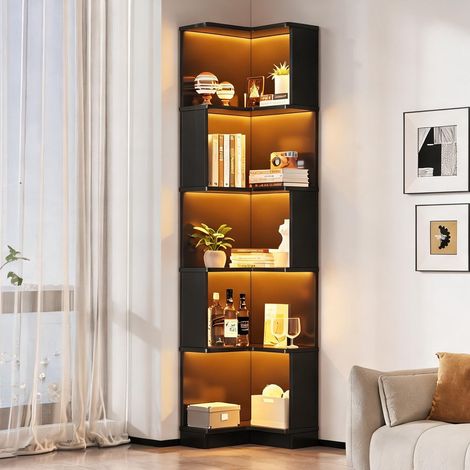 Bibliothèque d'angle en MDF noir avec LED et 5 étagères (1/5)