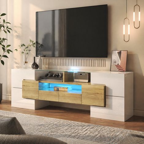 Meuble TV bas 145 cm avec LED, 6 portes, 2 tiroirs et 3 niches, blanc HAVRYA (1/5)