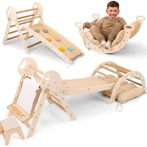 5-in-1 Klettergerüst aus Holz mit Rutsche – Montessori Kletterdreieck für Kinder ab 1 Jahr, Indoor-Spielplatz & Aktivitäts-Set für Kleinkinder