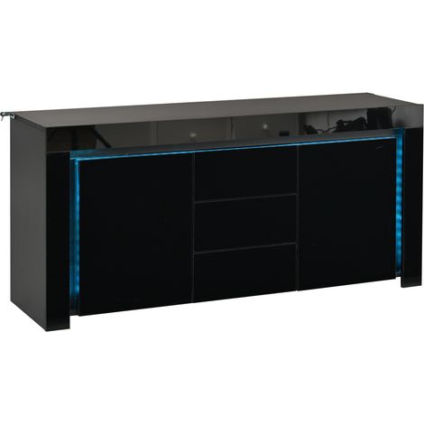 Buffet noir brillant avec LED, 2 portes, 3 tiroirs et étagères réglables, 140 x 40 x 65 cm (1/5)