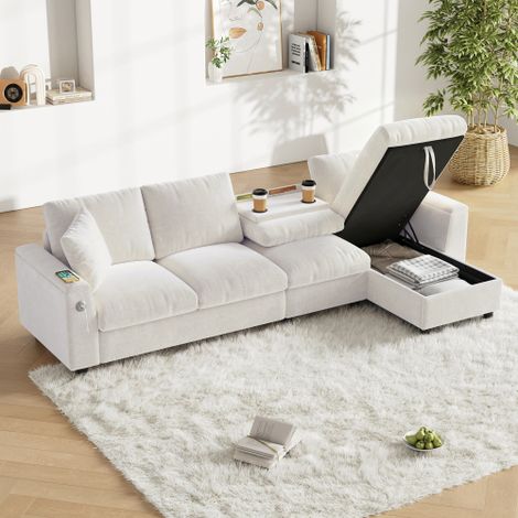 Sofá Esquina Reversible 280x137x84 cm Con Reposabrazos, Portavasos, Puerto USB Y Puerto Tipo-C – En Felpa Beige (1/5)