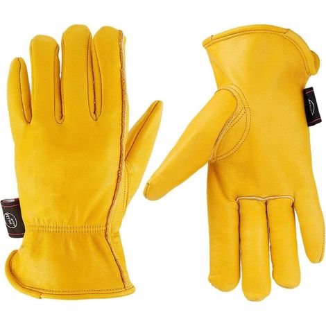 Guanti da lavoro in pelle pieno fiore – Taglie M/L/XL – Polsino elasticizzato – Per giardinaggio, edilizia, motociclismo – Giallo