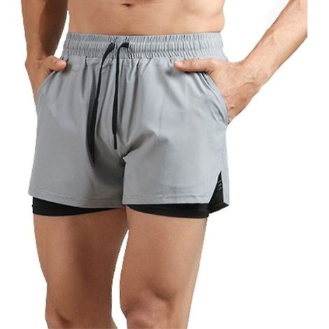 Short de sport homme double couche avec poche zippée, respirant et à séchage rapide, idéal pour l'entraînement et le cyclisme - Gris - Taille L (1/4)