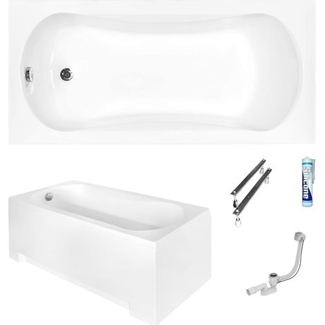 ECOLAM Baignoire rectangle Aria 150x70 cm  tablier en acrylique  pieds siphon + silicone  Baignoire acrylique blanc  set complet baignoire rectangulaire