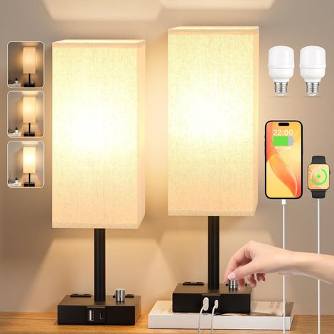 Lot de 2 lampes de chevet avec port USB A+C et prise secteur, interrupteur rotatif, variateur d'intensité,(2 ampoules incluses) (1/5)