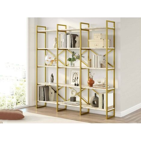 Dmora - Bibliothèque Sagit, Etagère de bureau, Porte-livre mobile, Librairie, 170x30h175 cm, Blanc et Or, avec emballage renforcé (1/5)