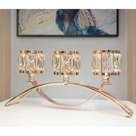 Bougeoir à 3 Bras en Cristal pour Bougies Chauffe-Plat - Bougeoir pour Table de Mariage - Bougeoir en Cristal - Décoration de Table (doré) (1/5)