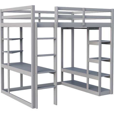 Lit mezzanine en bois gris 140 x 200 cm avec bureau, étagères et échelle (1/5)