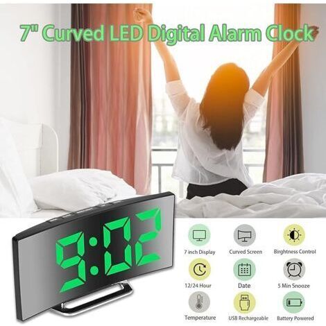 Sveglia Digitale da Camera 7'' LED Display Specchio, 2 Livelli Luminosità, 12/24H, Temperatura, Data, Luci Notturne, Snooze, USB Carica e Batteria (1/4)