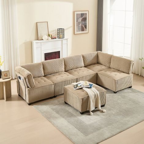 Canapé modulable 6 places en tissu côtelé avec poches, structure bois métal, montage facile, forme u ou l, kaki (1/5)