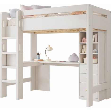 Lit mezzanine 90x200 avec bureau d’angle, étagères, tiroirs et ports USB/USB-C, échelle, blanc, pour chambre ado et gain de place - CHICFURN (1/5)