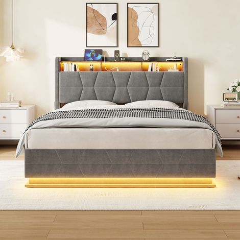 Bett Samt Dunkelgrau 140x200 cm mit LED, Stauraum-Kopfteil, USB/Type-C und Lattenrost (1/5)