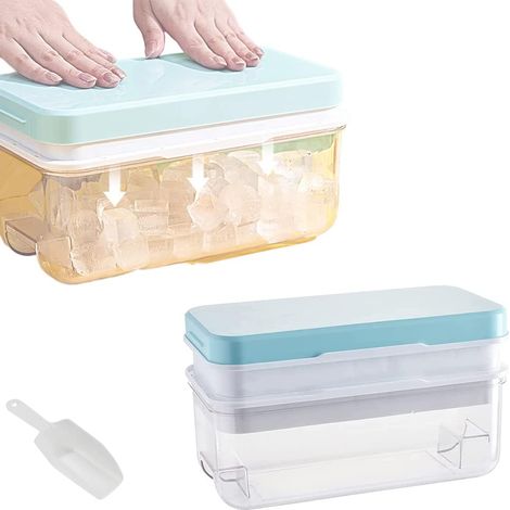 1 Deuxième Démoulage – Bac à glaçons avec couvercle et bac, moules à glace à 2 niveaux pour 64 glaçons bac de grande capacité avec pelle à glace (Bleu) (1/5)
