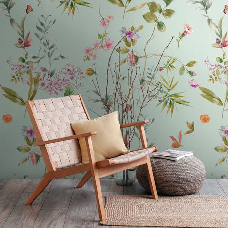 Fototapete Profhome 398811 heißgeprägte Vliestapete glatt mit Blumen-Muster matt blau grün rosa orange 1,59 m x 2,8 m